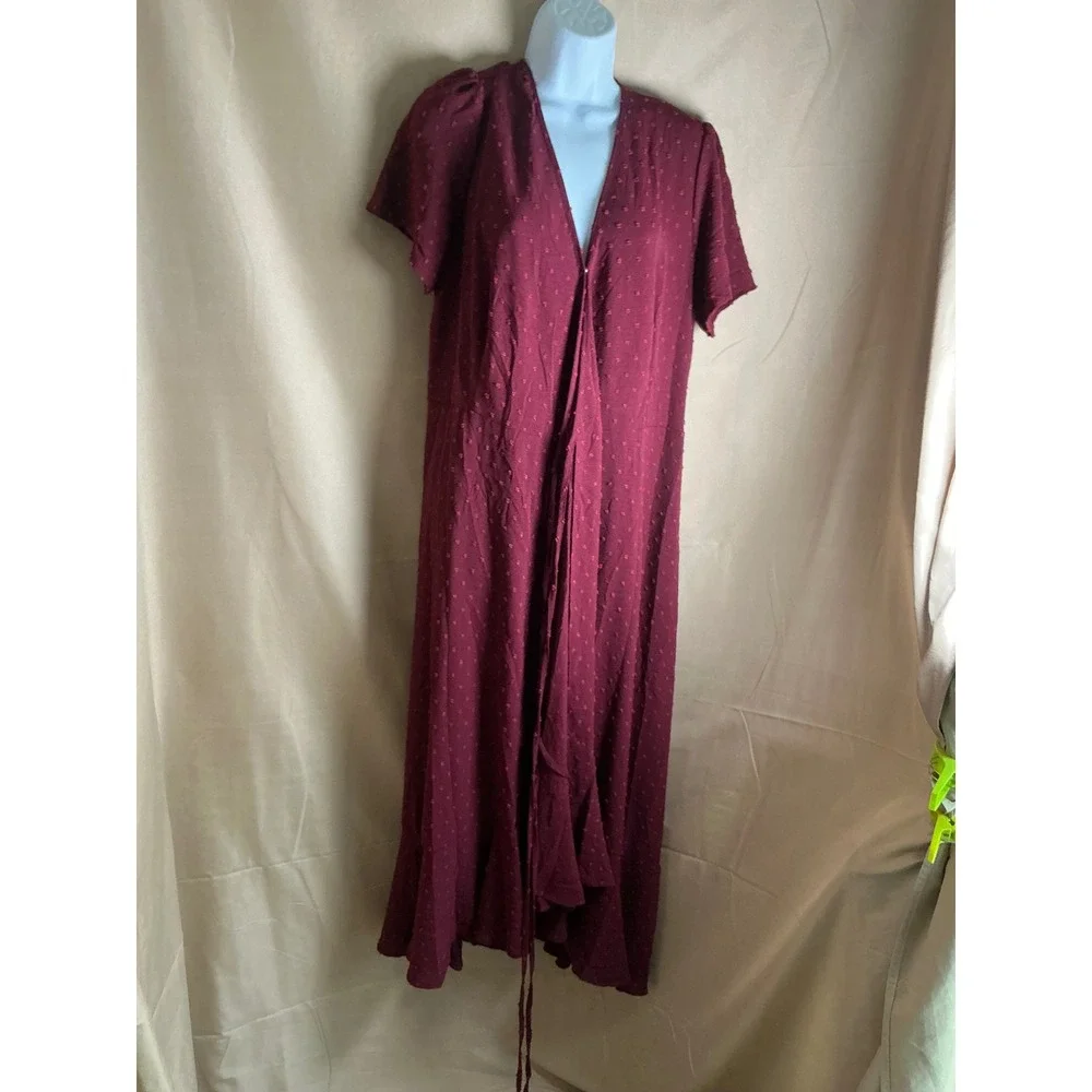 PrettyGarden Swiss Dot Maxi Dress Women Large Burgundy NWT Ruffle V-Neck Short